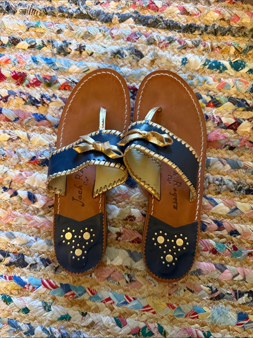 Jack Rogers Navy and Gold Braided Leather Thong Sandals